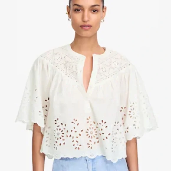 MADEWELL Embroidered Shirred Henley Lace Top Size Medium - Picture 1 of 4